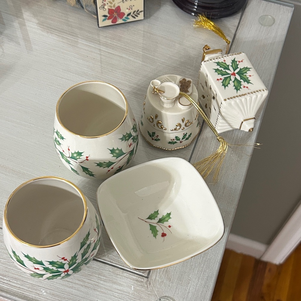 Lenox Holly 5pc Votives Dipping Bowl Ornaments Christmas